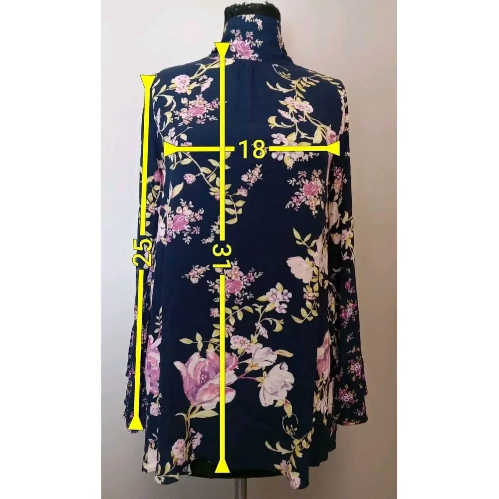 Free People Tate Midnight Blue Floral Print Mock Neck Bell Sleeve Tunic Size XS‎